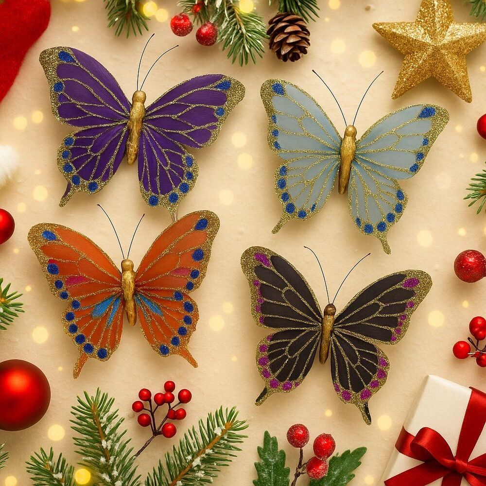 Vtg Colorful Glitter Christmas Butterflies Set of 12 5” Mesh Holiday Ornaments